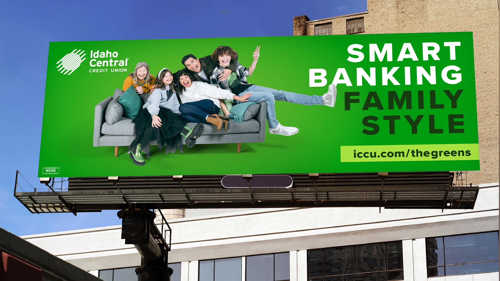 Billboard mockup reading Smart Banking Family Style with a family on a couch