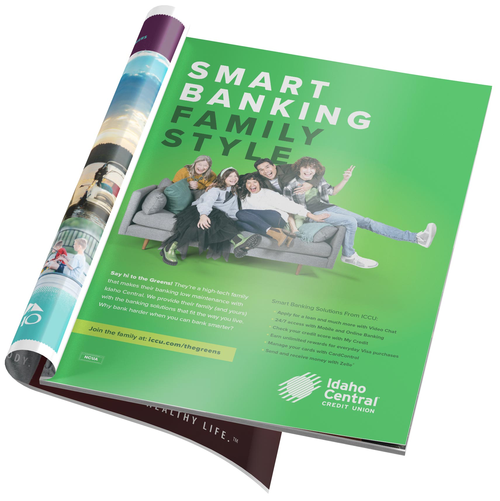 Magazine mockup with ICCU Smart Banking Family Style ad