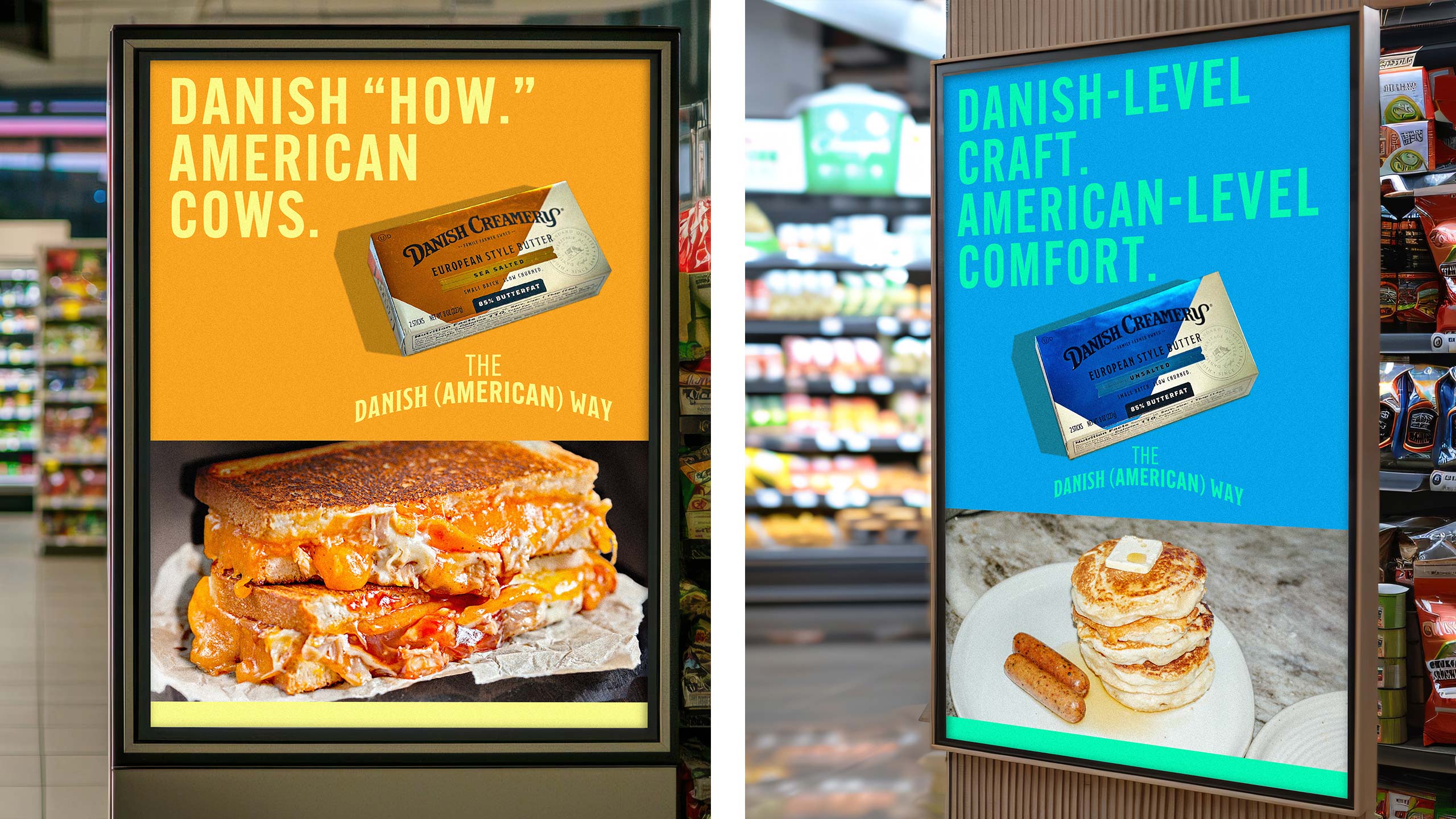 Posters advertising Danish Creamery butter in grocery store setting