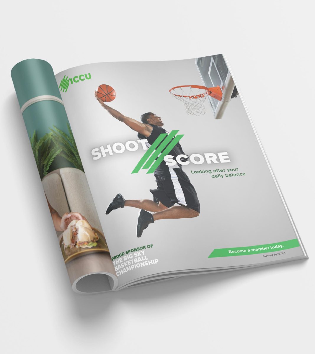 Magazine mockup showing a basketball player about to dunk with the copy Shoot/Score and an ICCU logo