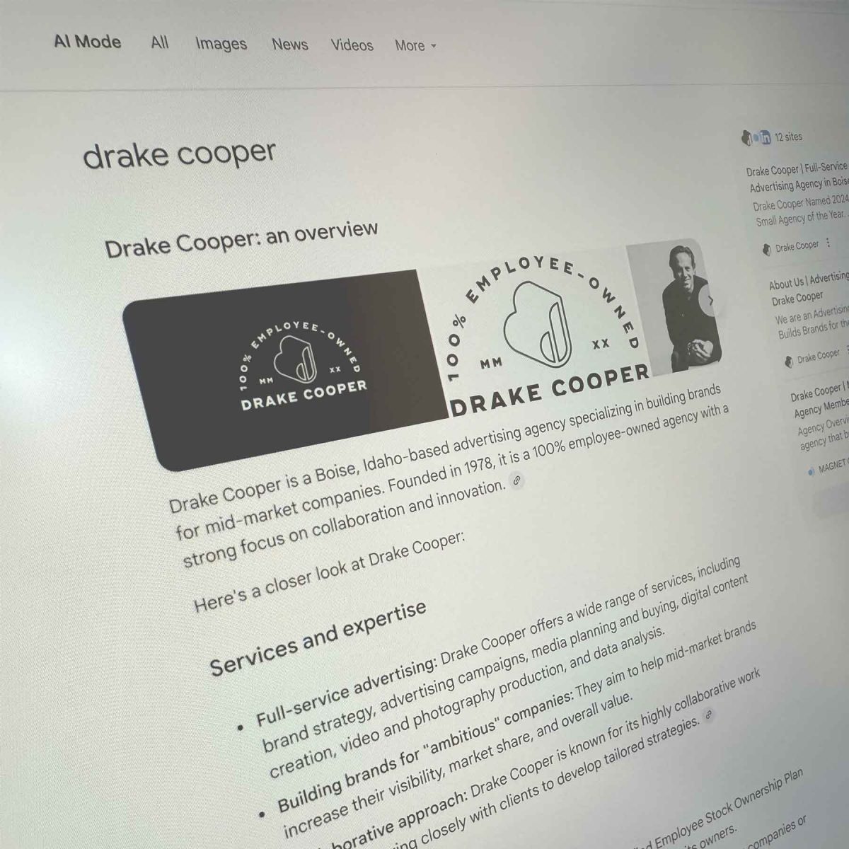 Image of Google search AI mode result for Drake Cooper
