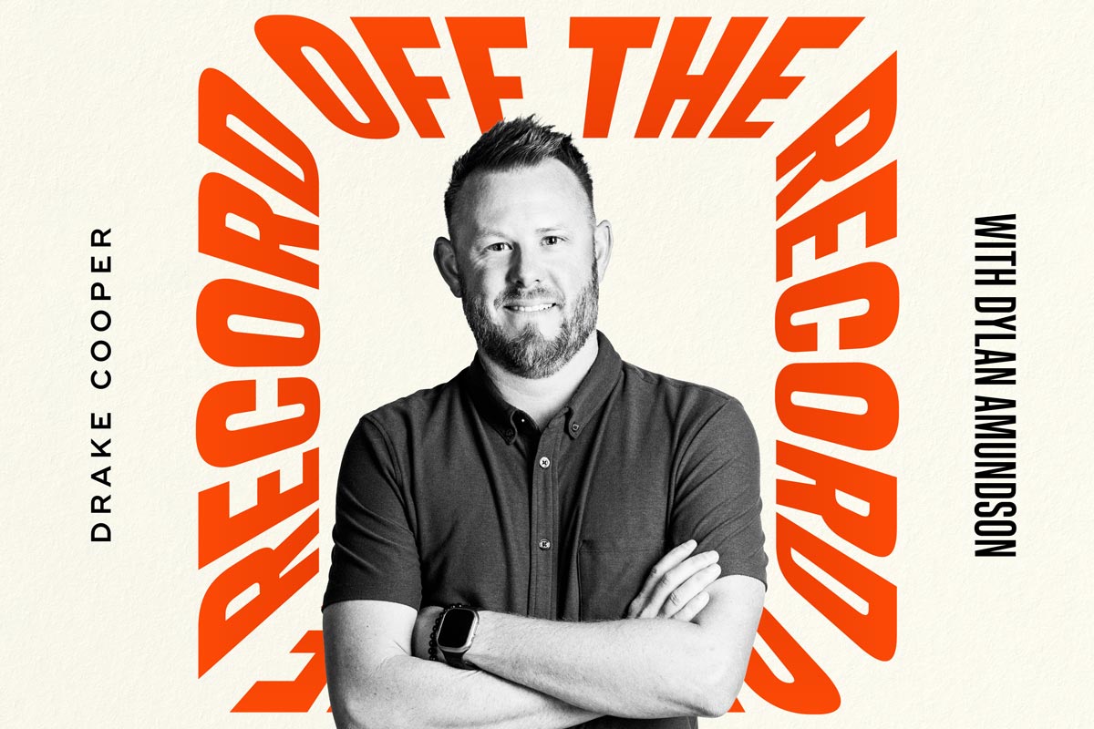 Graphic with stylized typography reading "Off the Record" and man standing with arms folded
